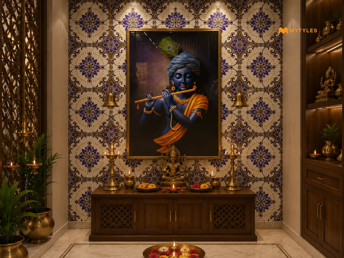 Decorative Blue Motif Tile in Pooja Room